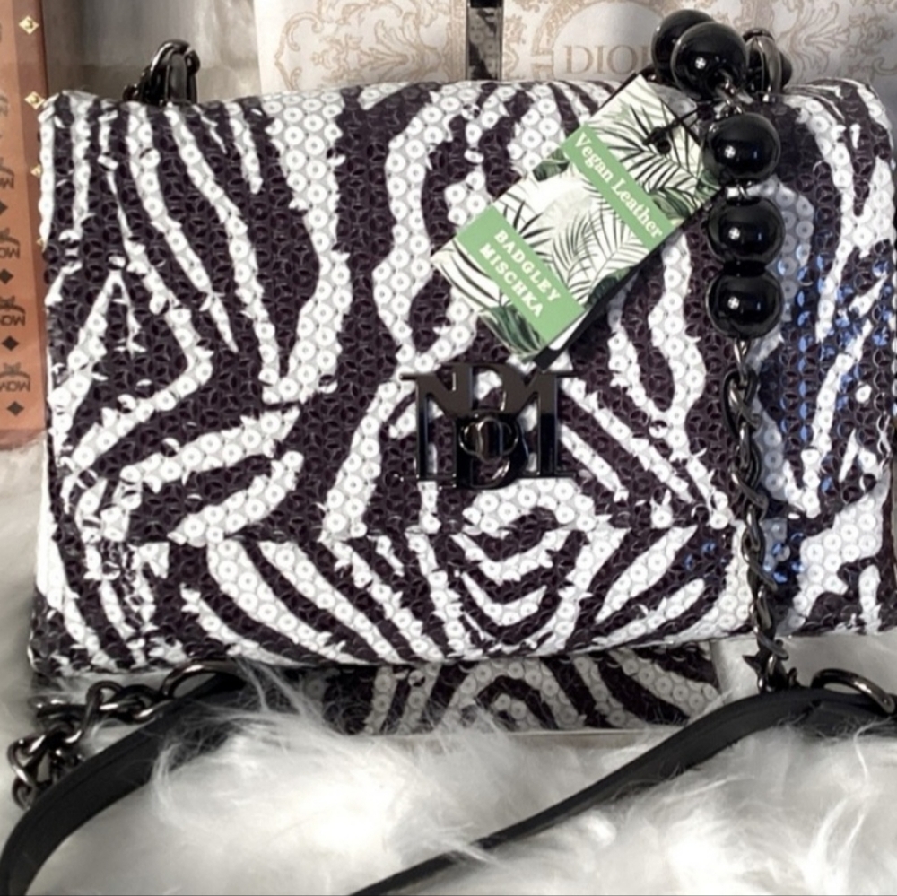 Badgley Mischka Sequin Zebra Print Crossbody. With Beaded Strap. NWT